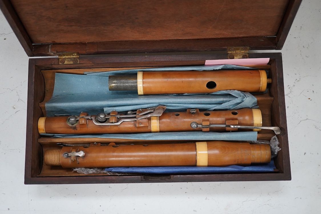 A 19th century boxwood and ivory flute by Potter, Johnson’s Court, Fleet Street, London, in a mahogany case, with early eight key system, ivory submission ref: RERLAL9Y